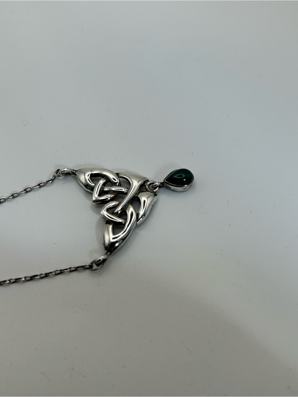 Vintage Sterling Silver Celtic Knot Pendant Necklace with Dark Green Teardrop 18